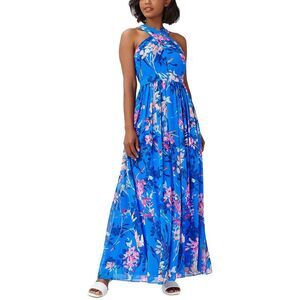 Adrianna Papell Womens Blue Chiffon Floral Pleated Halter Dress NWT